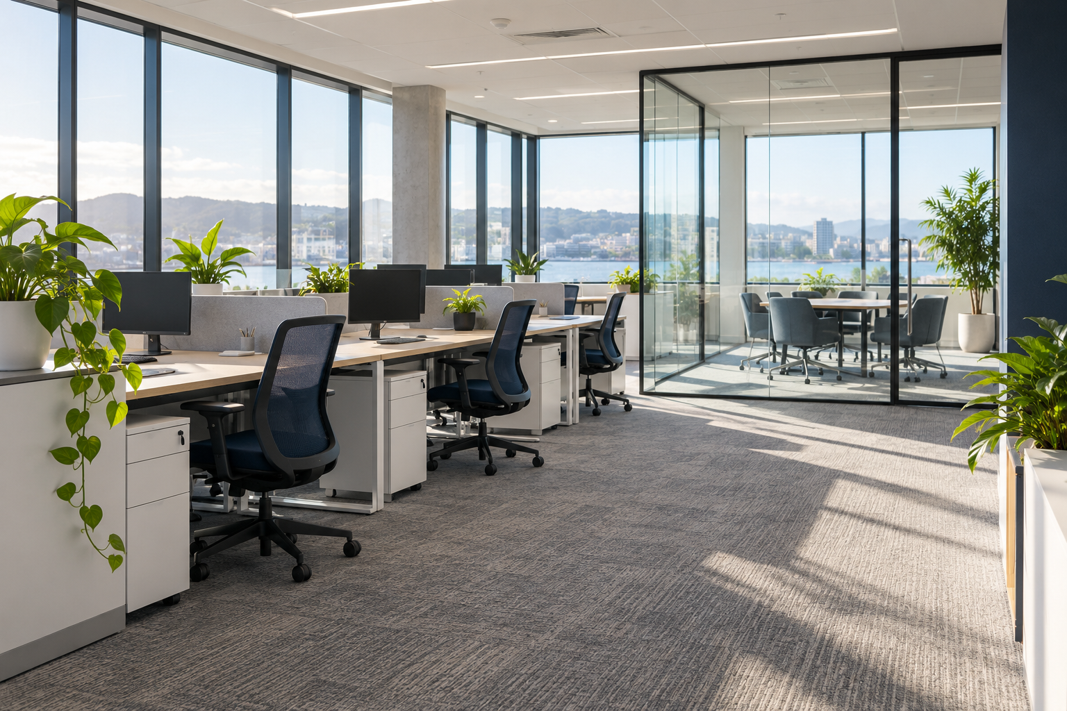 A light-filled, carefully maintained office with glass walls and orderly desks